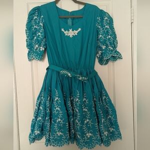 Handmade teal mini dress with puffed sleeves